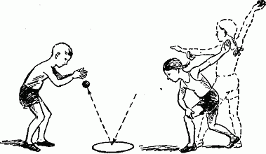 Метать мяч в кружок диаметром 50—60 см